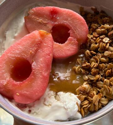 hibiscus poached pears with stovetop granola and vegan whipped cream