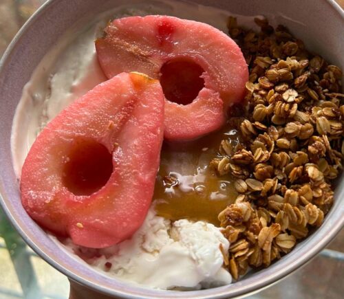 hibiscus poached pears with stovetop granola and vegan whipped cream