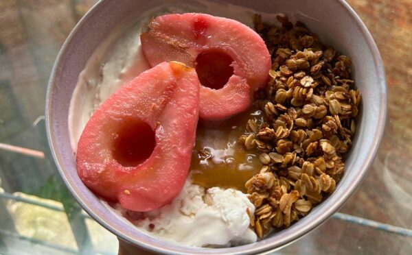 hibiscus poached pears with stovetop granola and vegan whipped cream