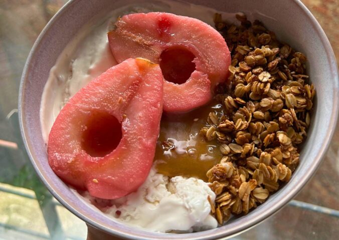 hibiscus poached pears with stovetop granola and vegan whipped cream