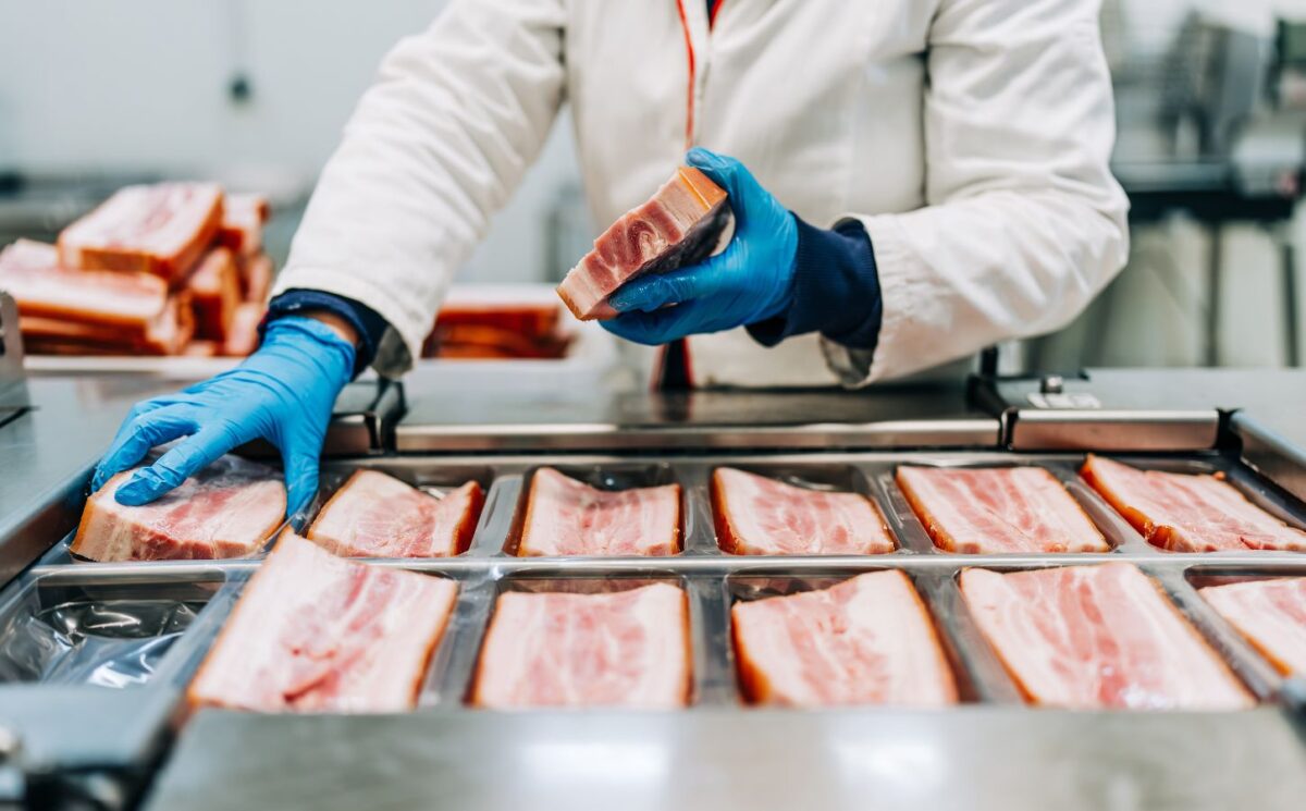 Photo shows a factory worker in blue gloves arranging pieces of pork before they are cut into thing bacon slices. How is bacon made?