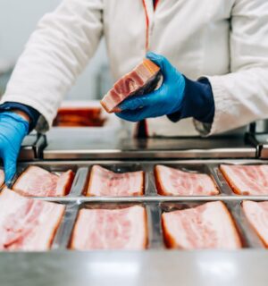 Photo shows a factory worker in blue gloves arranging pieces of pork before they are cut into thing bacon slices. How is bacon made?