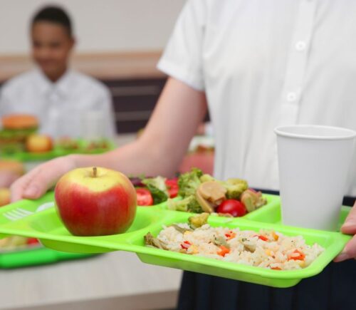 Photo shows a school child in uniform holding a green plastic tray with plant-based food on it, including an apple, grains, fresh fruit, and salad. Children and young people in Poland are now guaranteed access to plant-based school meals for the first time ever