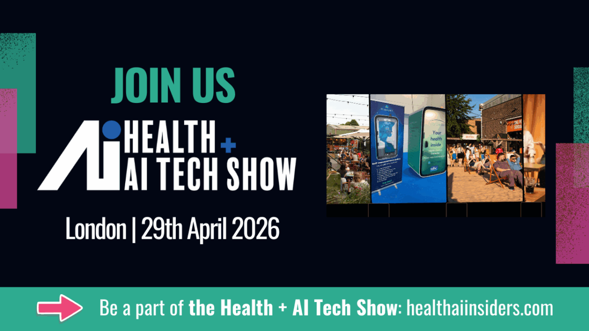 Photo shows a flyer for the upcoming The Health + AI Tech Show in London, UK, where entrepeneur and author Klaus Mitchell is set to speak