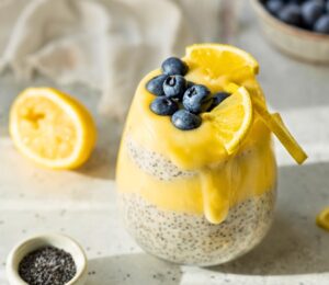 lemon poppy seed chia pudding with blueberries and lemon curd