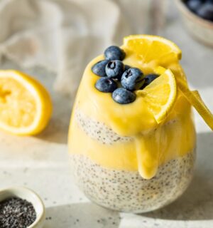 lemon poppy seed chia pudding with blueberries and lemon curd