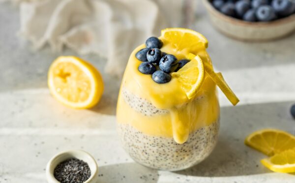 lemon poppy seed chia pudding with blueberries and lemon curd