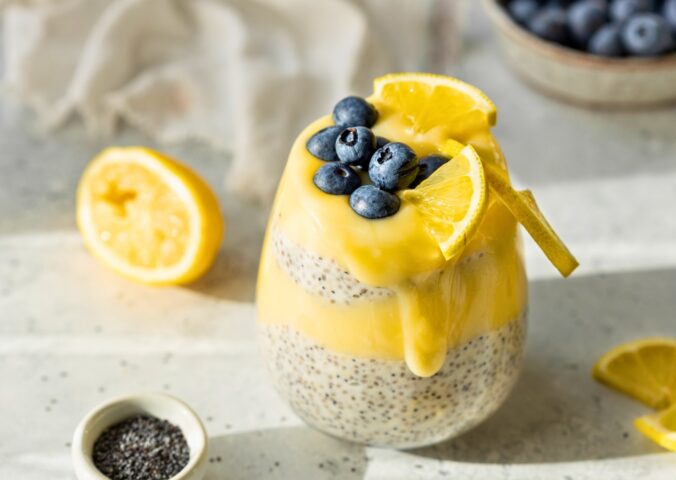 lemon poppy seed chia pudding with blueberries and lemon curd
