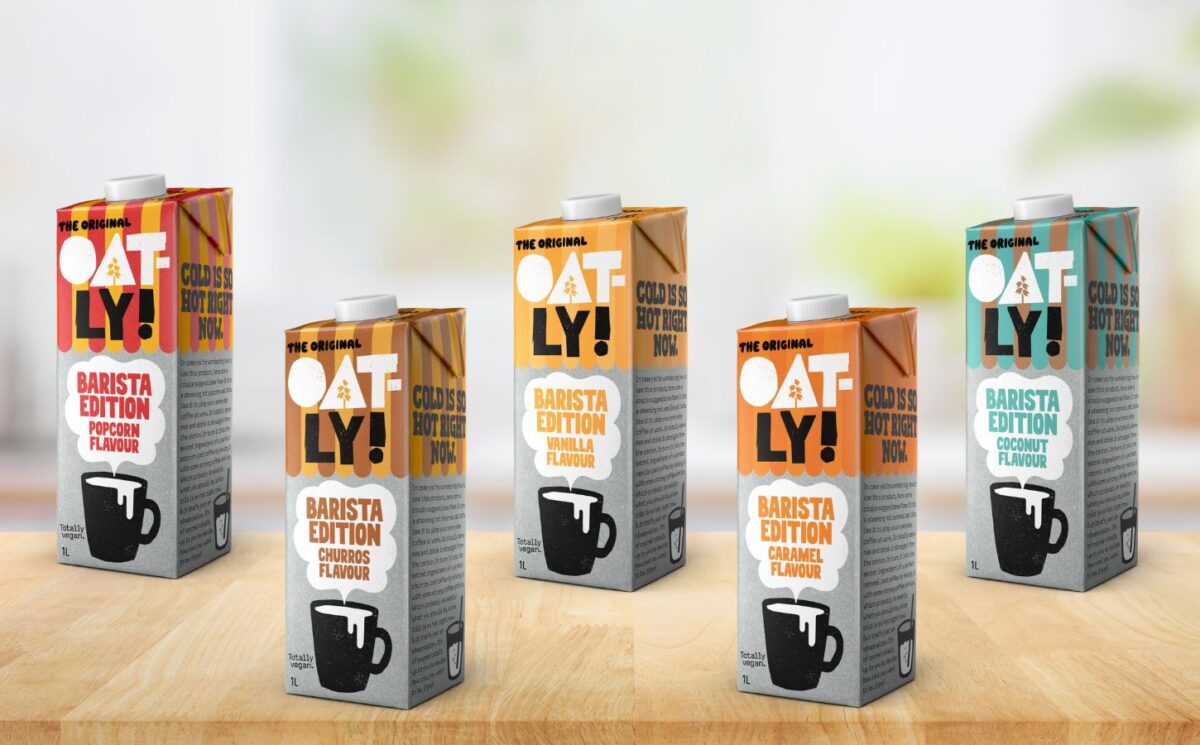 Photo shows some of the new Oatly Barista Edition oat milk flavors, including Vanilla, Caramel, Coconut, Churros and Popcorn. Oatly also announced that 2025 was its first profitable year