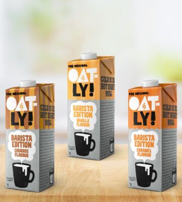 Photo shows some of the new Oatly Barista Edition oat milk flavors, including Vanilla, Caramel, Coconut, Churros and Popcorn. Oatly also announced that 2025 was its first profitable year