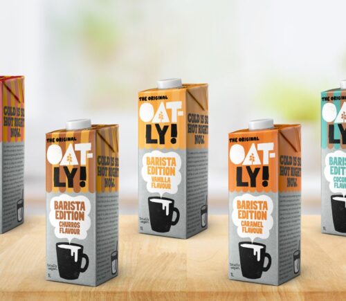 Photo shows some of the new Oatly Barista Edition oat milk flavors, including Vanilla, Caramel, Coconut, Churros and Popcorn. Oatly also announced that 2025 was its first profitable year