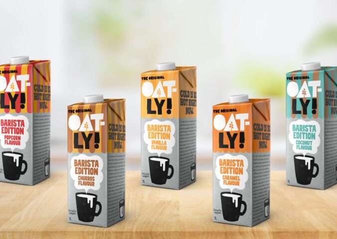 Photo shows some of the new Oatly Barista Edition oat milk flavors, including Vanilla, Caramel, Coconut, Churros and Popcorn. Oatly also announced that 2025 was its first profitable year