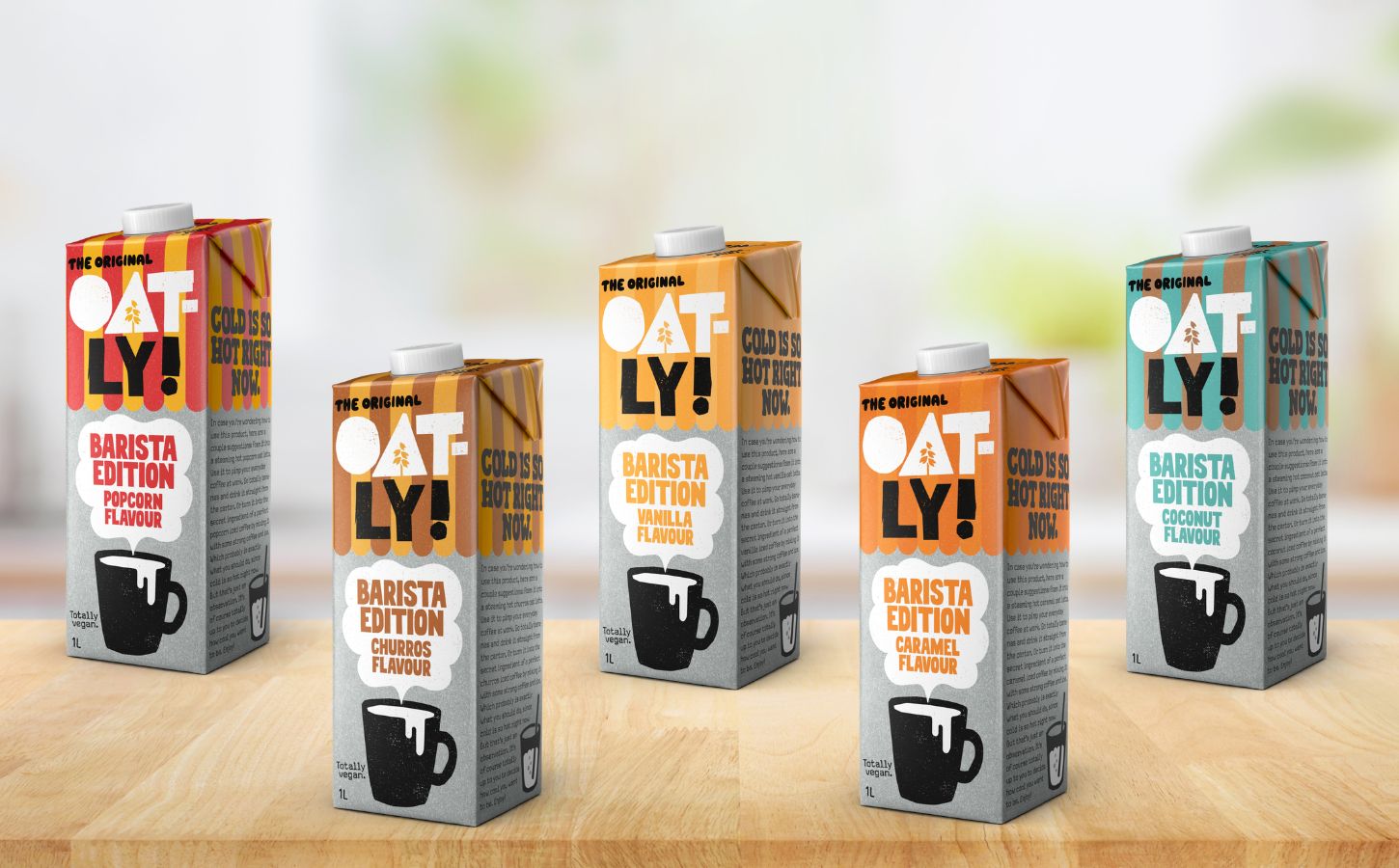 Photo shows some of the new Oatly Barista Edition oat milk flavors, including Vanilla, Caramel, Coconut, Churros and Popcorn. Oatly also announced that 2025 was its first profitable year