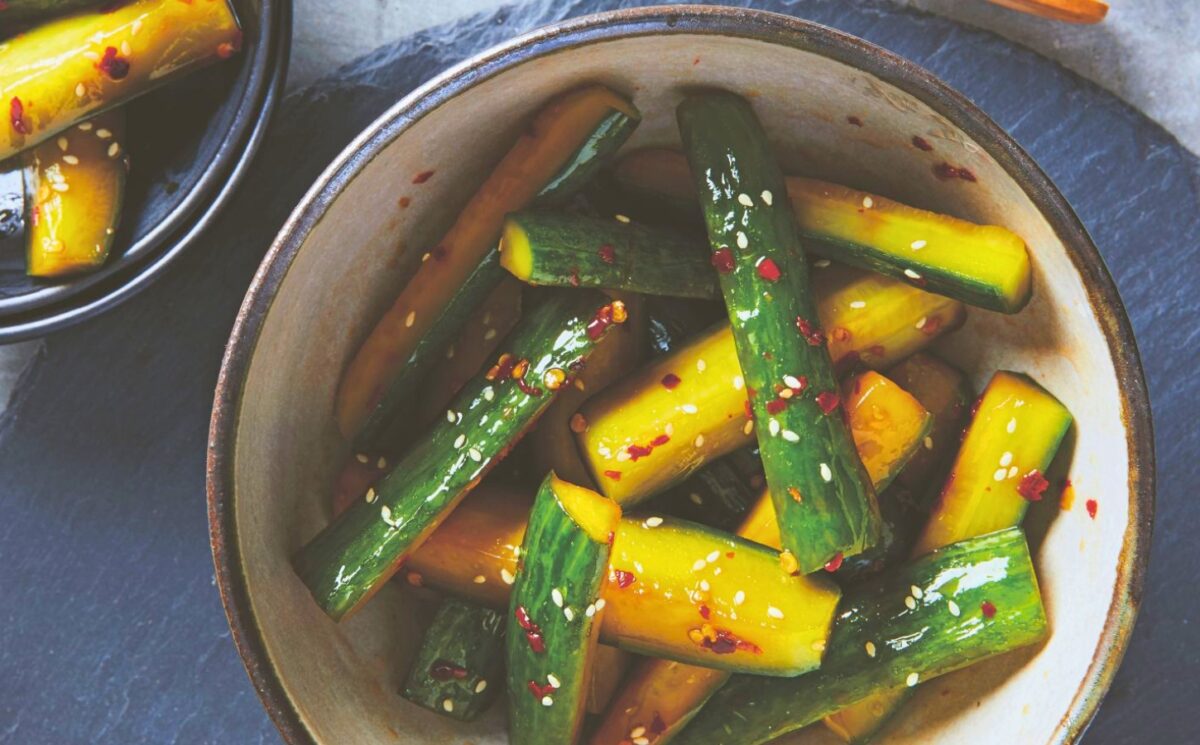 a bowl of pickled sesame cucumbers that are crunchy and light for Chinese-inspired dishes