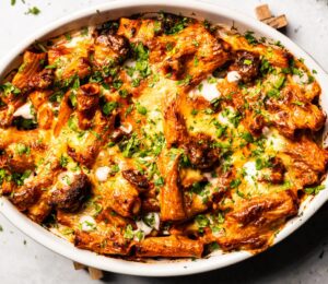 plant-based lamb kofta pasta bake with rigatoni
