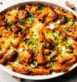 plant-based lamb kofta pasta bake with rigatoni