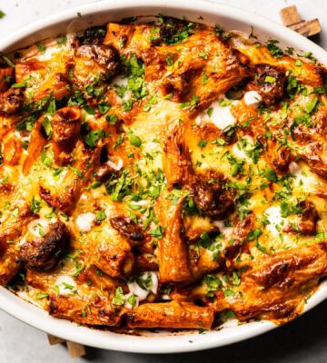 plant-based lamb kofta pasta bake with rigatoni
