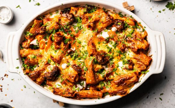 plant-based lamb kofta pasta bake with rigatoni