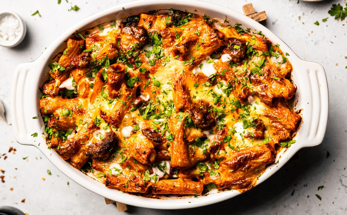 plant-based lamb kofta pasta bake with rigatoni
