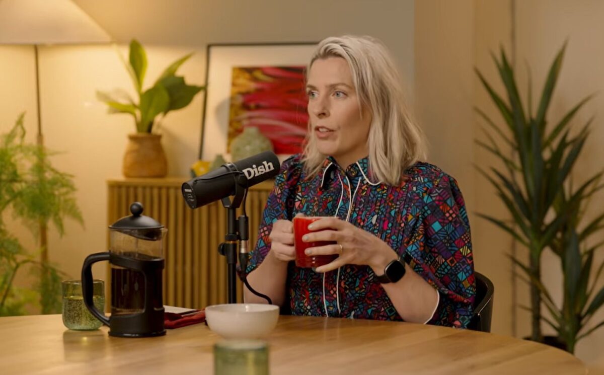 Photo shows vegan comedian Sara Pascoe during a recent appearance on the Dish podcast, where she said, “I love not eating animals”