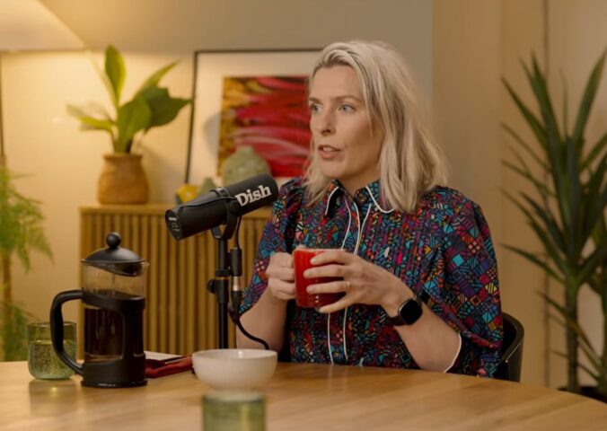 Photo shows vegan comedian Sara Pascoe during a recent appearance on the Dish podcast, where she said, “I love not eating animals”