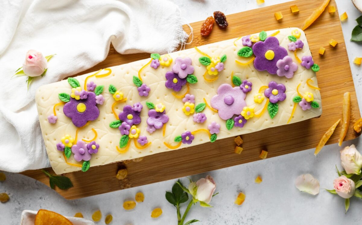 vegan simnel cake with sultanas, orange peel, and marzipan