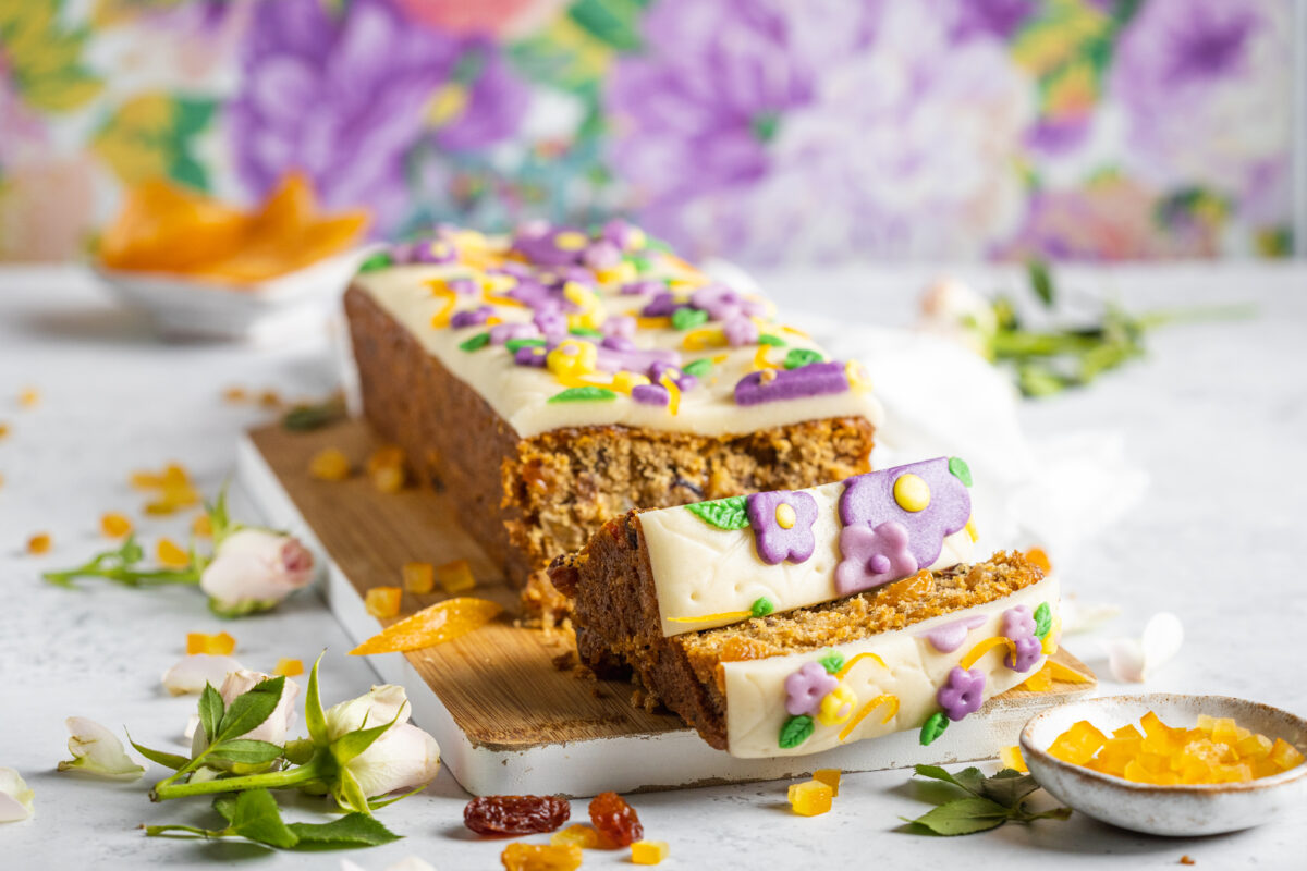 vegan simnel cake with sultanas, orange peel, and marzipan