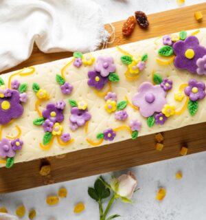 vegan simnel cake with sultanas, orange peel, and marzipan