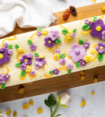 vegan simnel cake with sultanas, orange peel, and marzipan