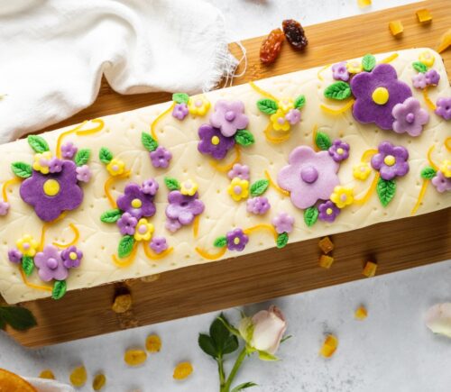 vegan simnel cake with sultanas, orange peel, and marzipan