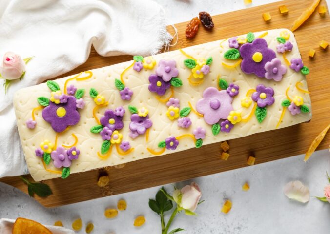 vegan simnel cake with sultanas, orange peel, and marzipan