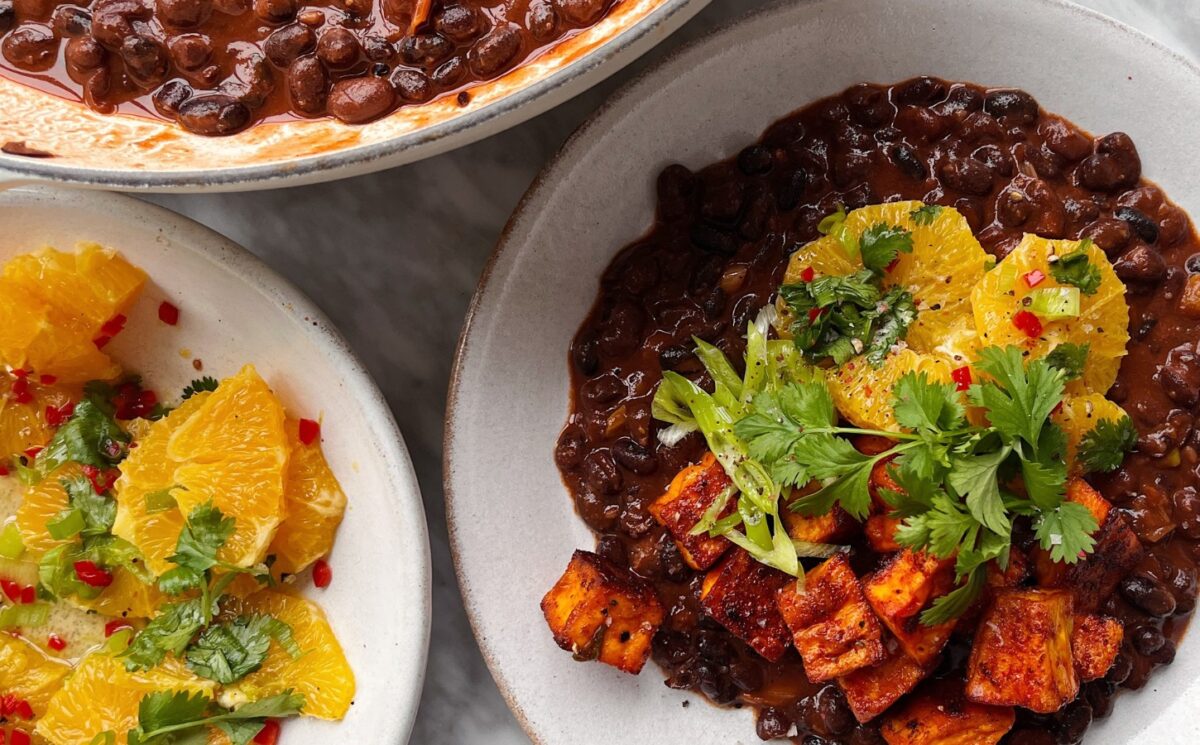 smoky black bean and sweet potato with orange salsa