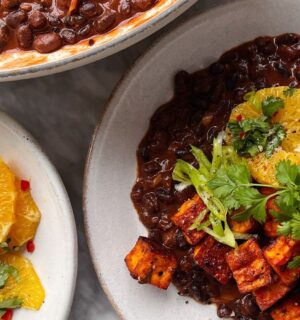 smoky black bean and sweet potato with orange salsa