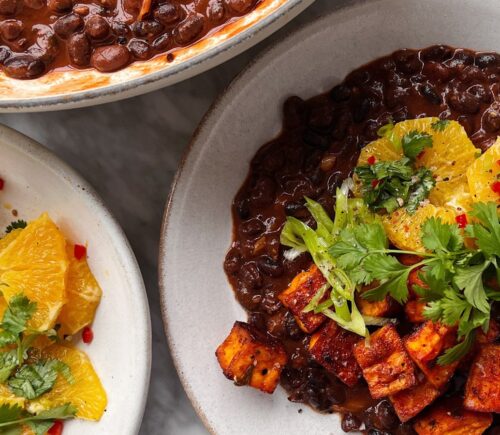 smoky black bean and sweet potato with orange salsa