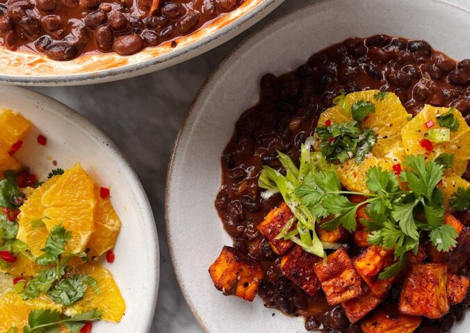 smoky black bean and sweet potato with orange salsa