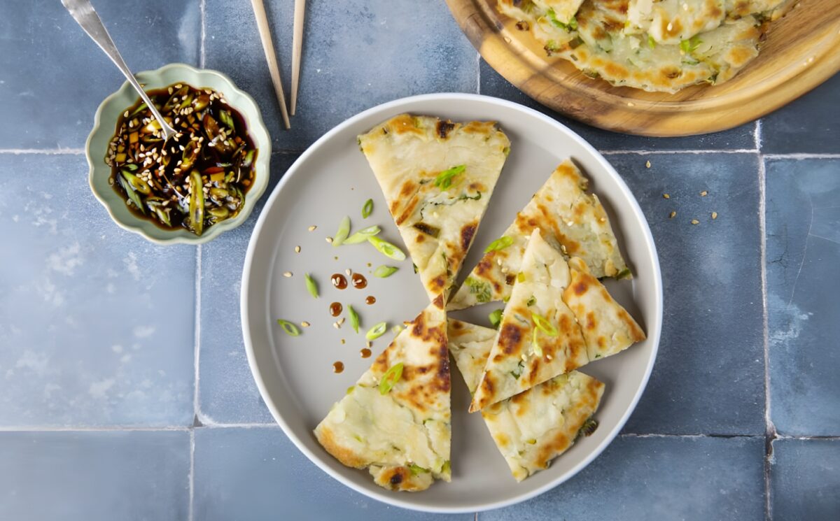 easy vegan spring onion pancakes made with maple syrup, spring onion, and sesame oil in a simple dough for Chinese-inspired dishes