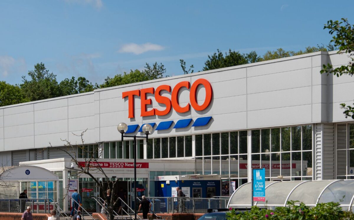 Photo shows the front of a large Tesco supermarket in Newbury, UK. Tesco just reported plant-based food growth “for the first time in years" based on Nielsen data and its own product sales