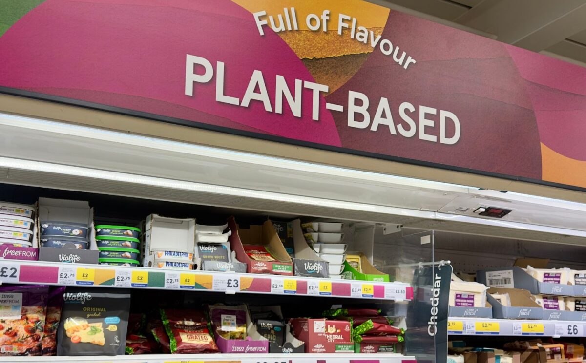Photo shows the plant-based aisle in a Tesco supermarket