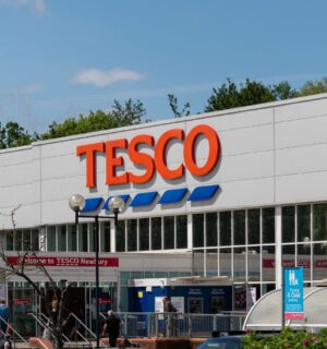 Photo shows the front of a large Tesco supermarket in Newbury, UK. Tesco just reported plant-based food growth “for the first time in years" based on Nielsen data and its own product sales