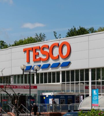 Photo shows the front of a large Tesco supermarket in Newbury, UK. Tesco just reported plant-based food growth “for the first time in years" based on Nielsen data and its own product sales