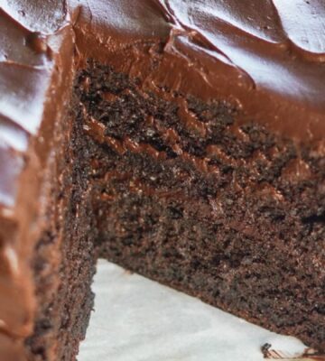 The Ultimate Vegan Chocolate Cake with dark chocolate ganache, cocoa, and coffee