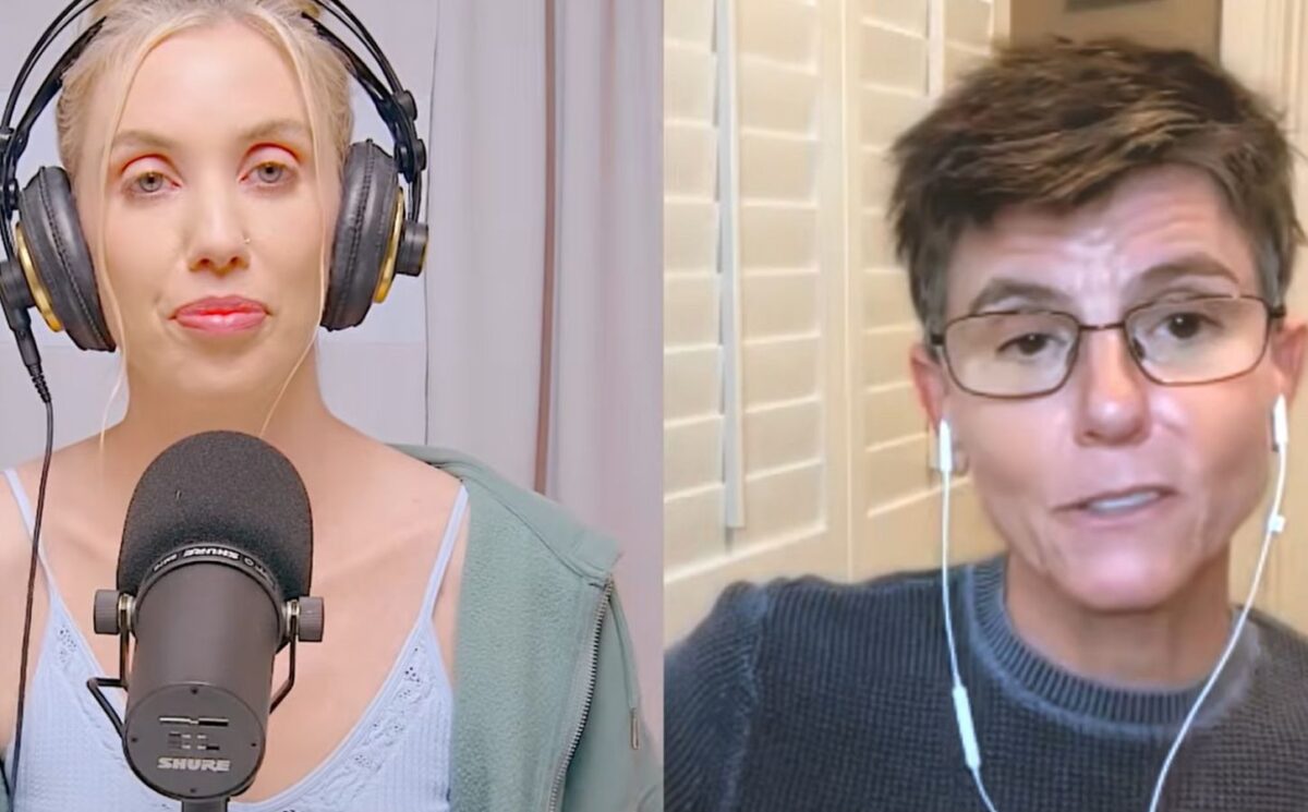 Photo shows Laura Clery (left) interviewing Tig Notaro (right) for Clery's IDIOT podcast on YouTube. Both comedians are vegan