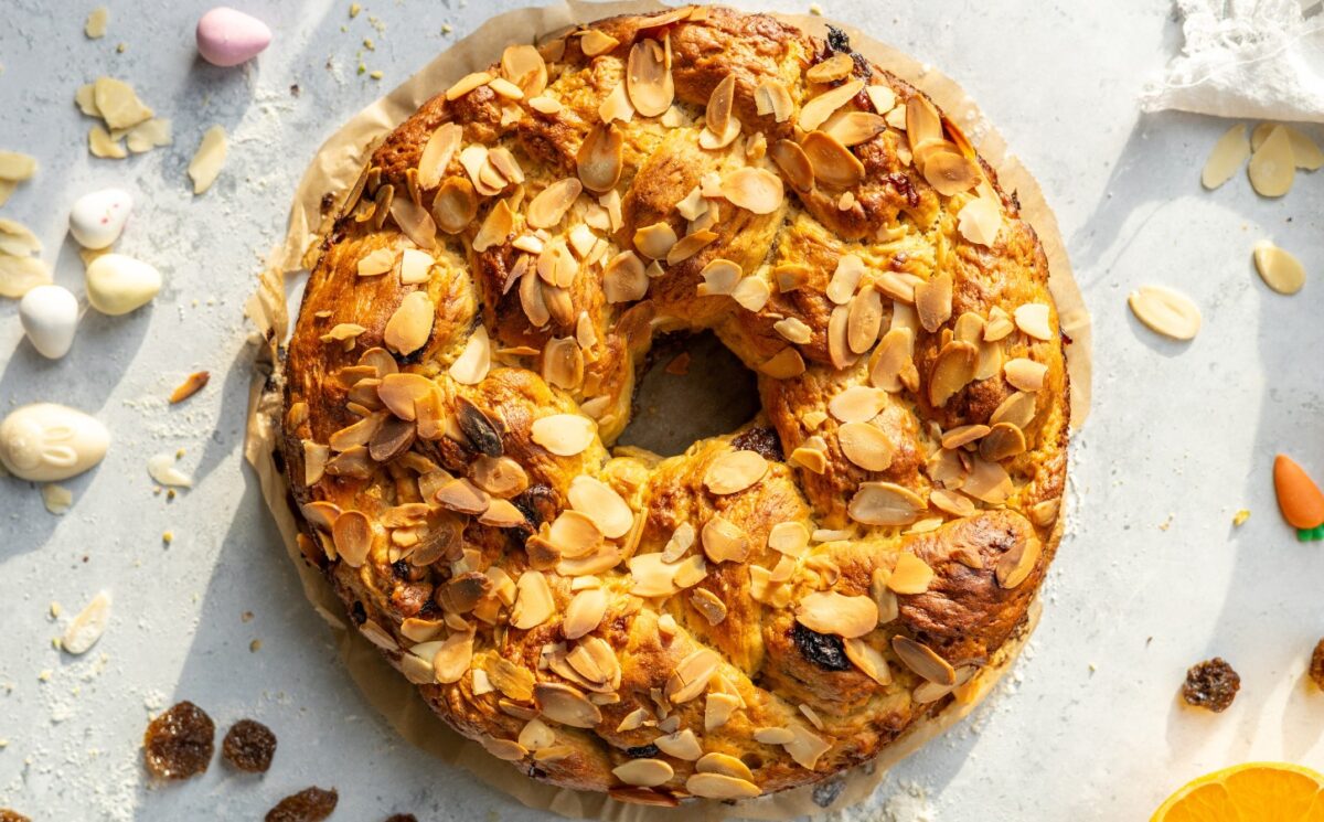 vegan Easter bread with braided sweet bread, almonds and raisins