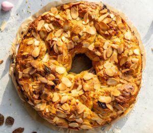vegan Easter bread with braided sweet bread, almonds and raisins