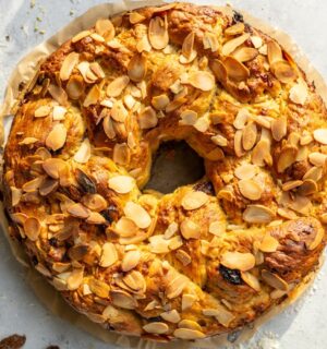 vegan Easter bread with braided sweet bread, almonds and raisins