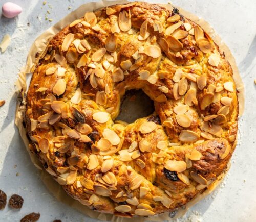 vegan Easter bread with braided sweet bread, almonds and raisins