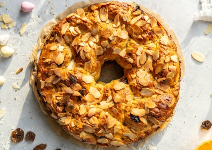 vegan Easter bread with braided sweet bread, almonds and raisins