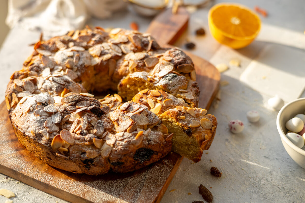 Vegan Easter Bread with sugar dusted over almonds
