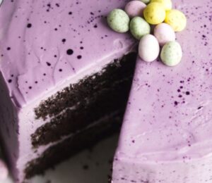 vegan Easter chocolate cake with purple icing