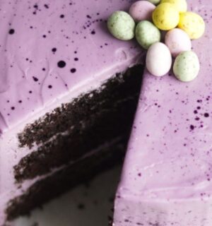 vegan Easter chocolate cake with purple icing